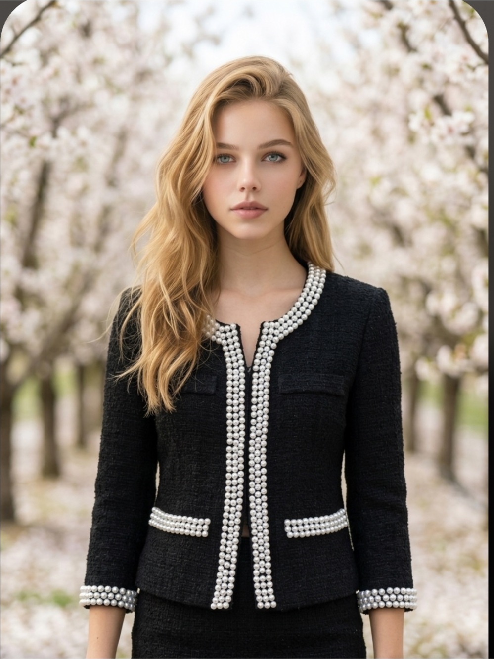 Boston Proper Pearl Trim Women’s 4 Blazer Parisian Tweed Metallic Short Jacket